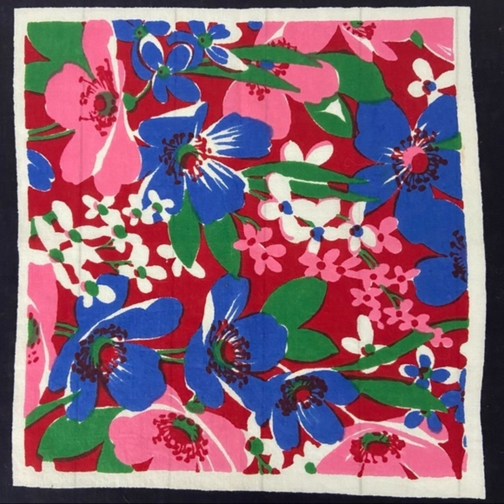 Vintage Blue White Pink Floral Green Leaves Handkerchief Hanky Cottage Cotton - Picture 8 of 9
